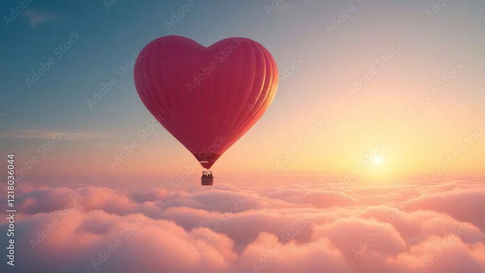 Fototapeta premium vibrant sky scene at sunrise with a large heart-shaped hot air balloon floating peacefully
