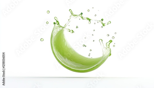 Vibrant green splash of liquid forming a curved shape against a white background, showcasing freshness