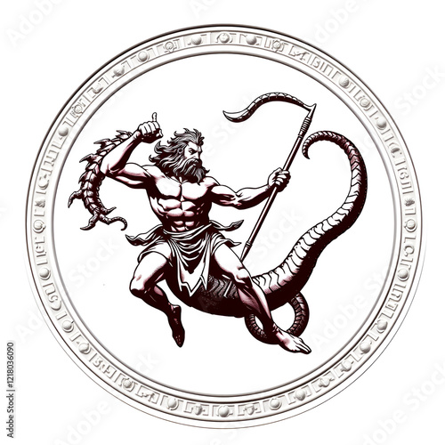 Hercules kills the Lyrna Hydra. 12 exploits of Hercules. Oval medallion isolated on a white background. photo