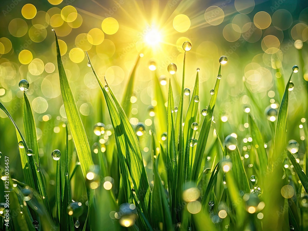 Fototapeta premium Spring Dew Drops Macro Photography: Tilt-Shift Sunlight Reflections on Grass Blades