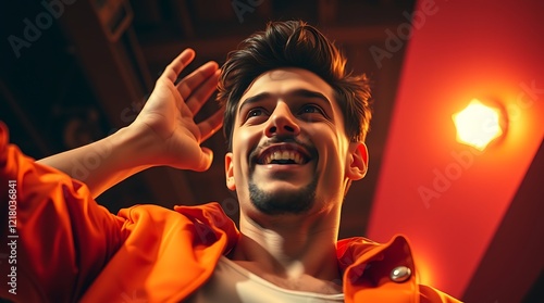 Happy Man in Orange Jacket, Expressing Joy