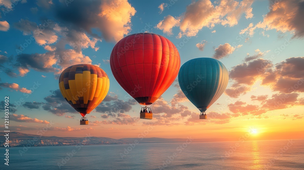 Obraz premium Majestic Hot Air Balloons Soaring at Sunset Over a Serene Lake