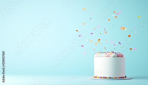 Colorful birthday cake with confetti falling against a light blue backdrop, celebrating joy