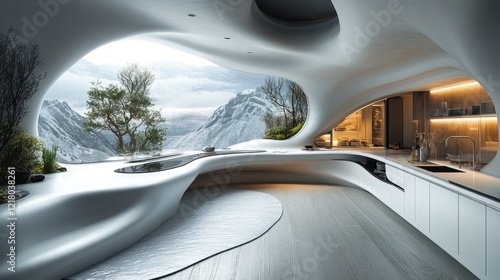Futuristic Mountain View Kitchen: Organic Design Meets Stunning Scenery
