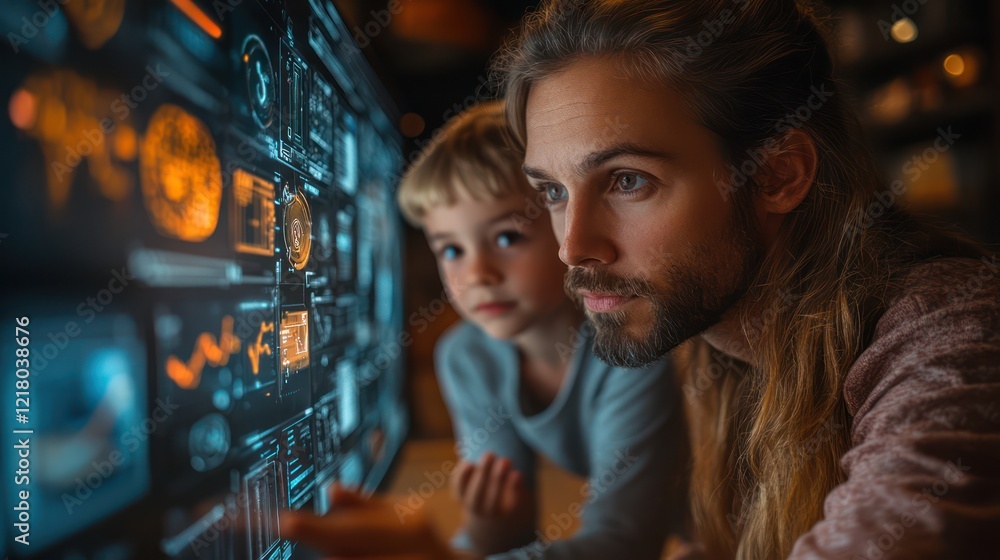 Father and Son Exploring Futuristic Interface Father and Son Exploring Futuristic Interface