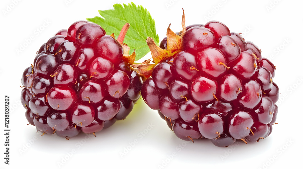 Two ripe blackberries with leaf, white background, food photography, recipe ingredient Two ripe blackberries with leaf, white background, food photography, recipe ingredient