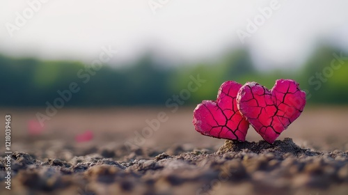 A surreal landscape where cracked hearts grow from barren ground, representing lost love photo