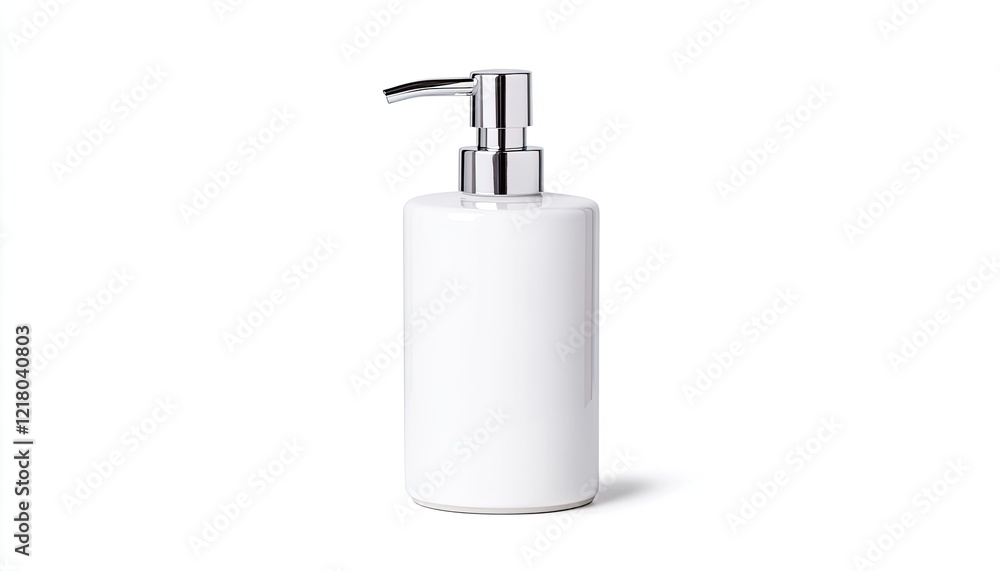 Obraz premium Minimalistic white soap dispenser on a clean surface, showcasing modern design with a blurred background