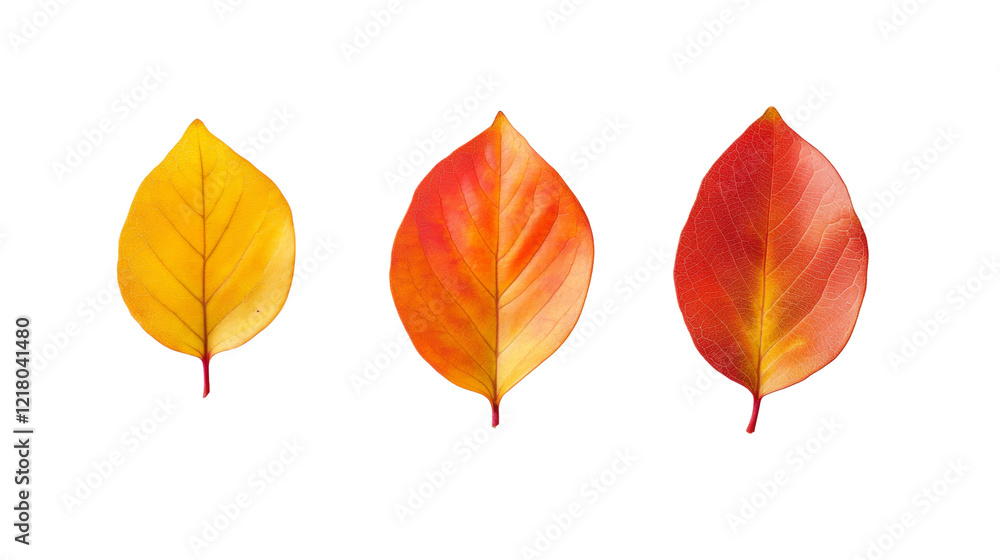 Obraz premium Three autumn leaves showcasing a progression from yellow to orange to red against a transparent background.