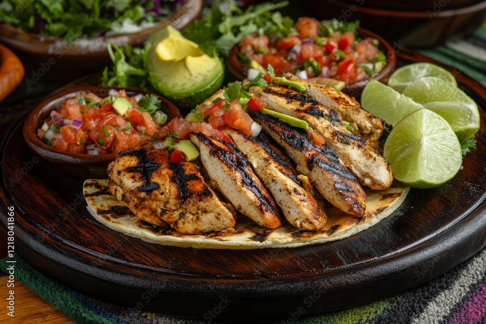 Grilled chicken breast slices on a tortilla with salsa, avocado, and lime wedges. Grilled chicken breast slices on a tortilla with salsa, avocado, and lime wedges.
