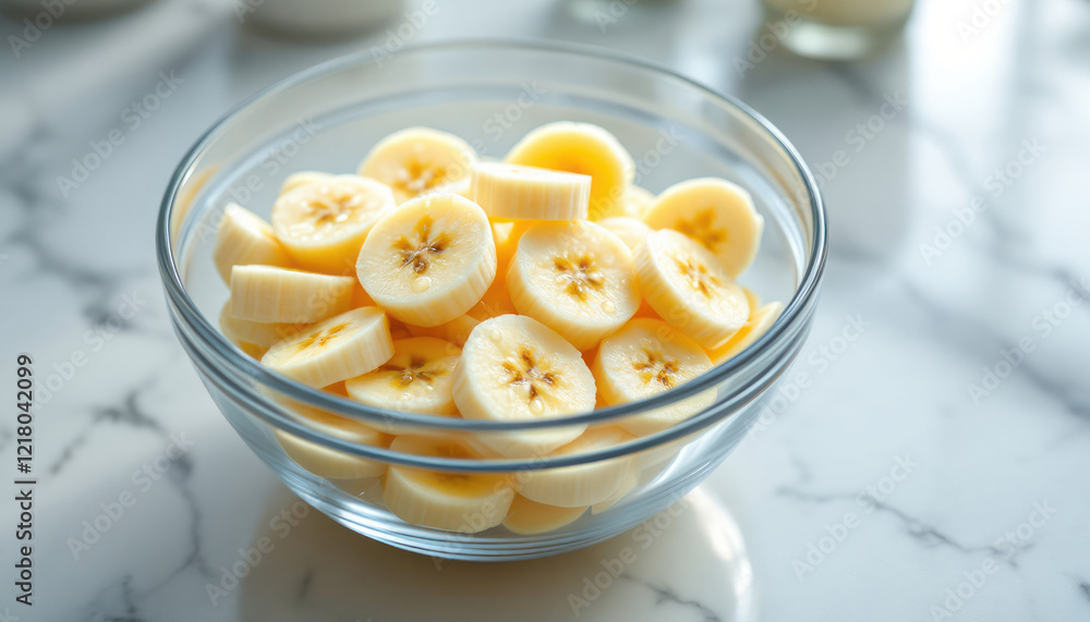 Hyper-realistic image of banana slices placed neatly inside a transparent glass bowl. The banana pieces should be freshly cut, showing the smooth, creamy texture and natural color of the fruit. Severa Hyper-realistic image of banana slices placed neatly inside a transparent glass bowl. The banana pieces should be freshly cut, showing the smooth, creamy texture and natural color of the fruit. Severa