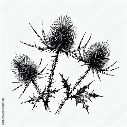 Milk Thistle plant sketch illustration. A set of Milk thistle blossom outlines.
