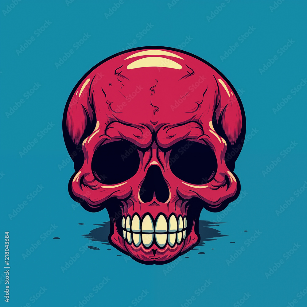 Fototapeta premium Bold artistic depiction of a vibrant pink sugar skull against a bright blue background showcasing intricate details and a striking design.