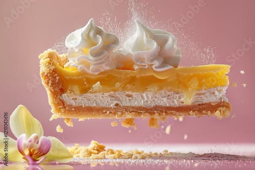 Lemon Meringue Pie Slice Levitation with Whipped Cream and Crumbs photo