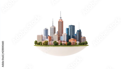 Miniature cityscape model showcasing iconic skyscrapers on a white background with greenery photo