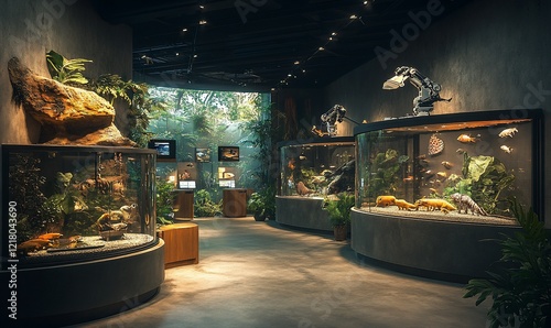 Modern aquarium exhibit with multiple circular tanks, showcasing diverse aquatic and exotic animals, set in a spacious, well-lit hall with lush greenery and natural light.