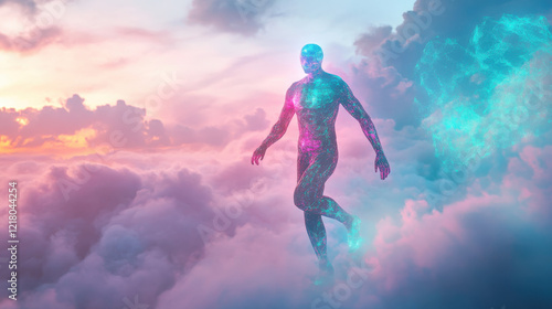 Wallpaper Mural A conceptual AI entity materializing in a glowing digital cloudscape, skin-like texture made of translucent holographic layers, vibrant pink and turquoise reflections Torontodigital.ca