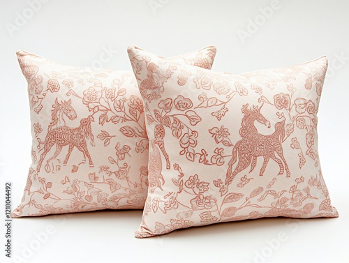 Pink unicorn pillow pair, studio shot. Home decor photo