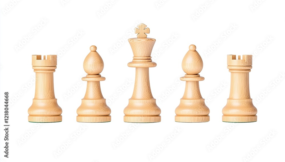 Elegant wooden chess pieces displayed in a row, showcasing craftsmanship and strategic game preparation Elegant wooden chess pieces displayed in a row, showcasing craftsmanship and strategic game preparation
