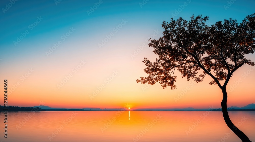 Fototapeta premium Serene sunset over a tranquil lake with a solitary tree silhouetted against vibrant colors