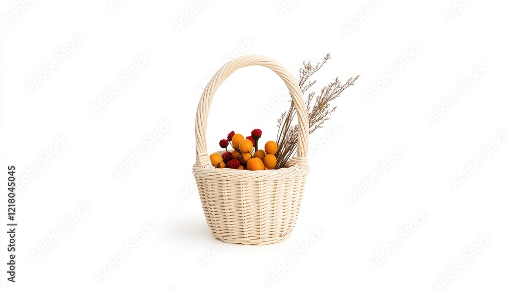 A beautifully arranged wicker basket filled with colorful fruits and dried flowers against a plain background A beautifully arranged wicker basket filled with colorful fruits and dried flowers against a plain background