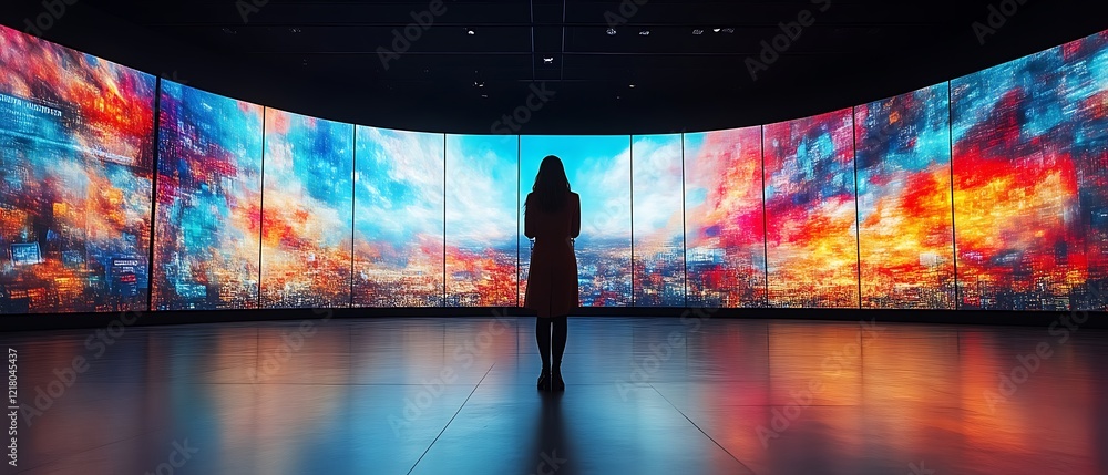 Woman viewing immersive art installation. Woman viewing immersive art installation.