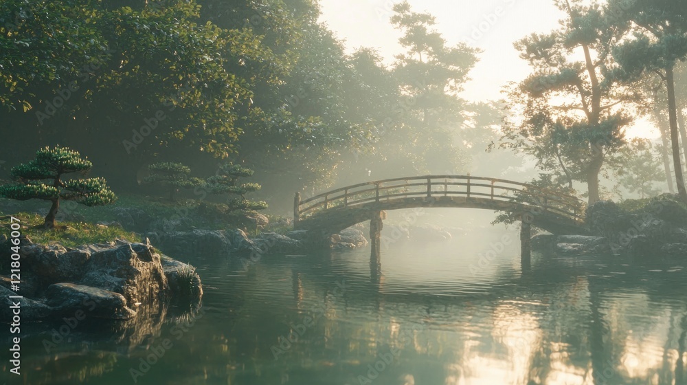 Fototapeta premium Serene sunrise over a wooden bridge in a misty forest garden.