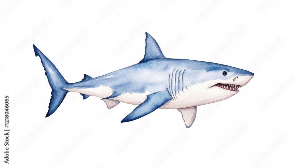 Naklejka premium Watercolor illustration of a great white shark swimming gracefully in clear ocean waters
