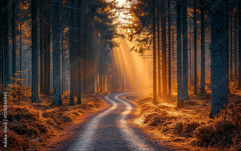 Obraz premium Sunbeams illuminate a winding forest path at sunrise.