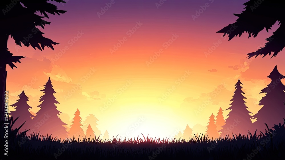 Serene sunset landscape with silhouetted trees and vibrant colors in the background