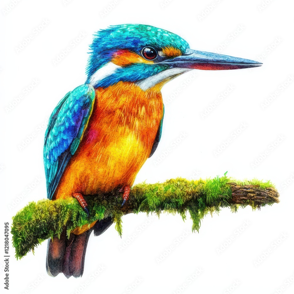 Fototapeta premium Brightly Colored Kingfisher Perched on a Mossy Branch Against White