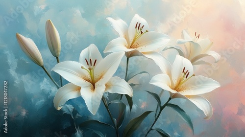 Four elegant white lilies against a dreamy sky background.