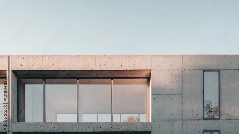 Modern concrete building facade with large windows at sunset. Modern concrete building facade with large windows at sunset.