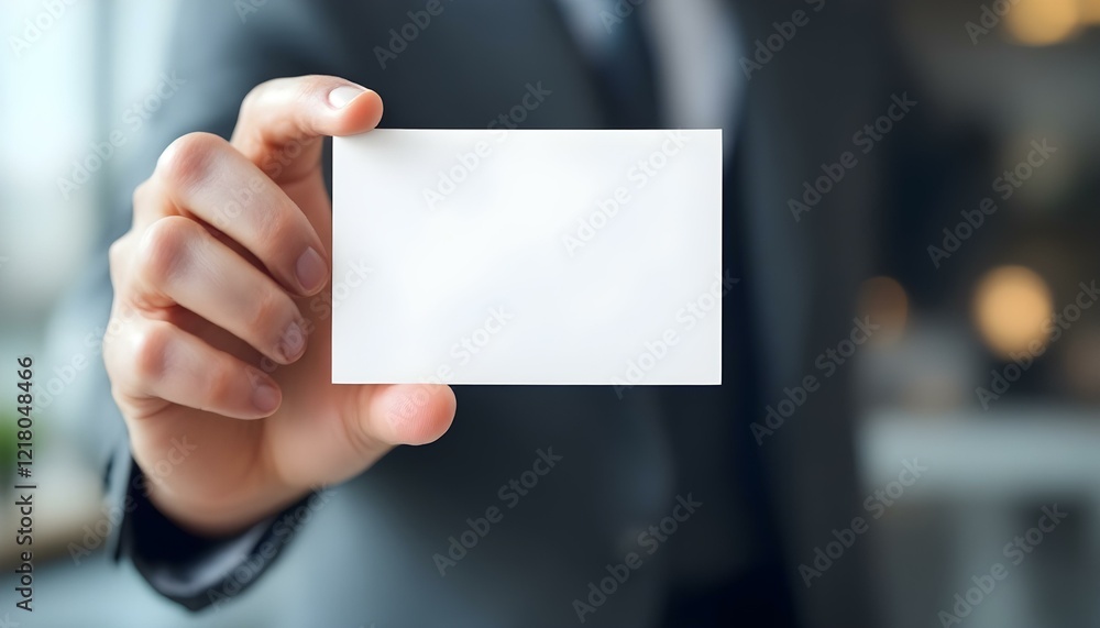A hand holding a blank white card, close-up focus, with a blurred professional background, creating a clean and minimalistic look. A hand holding a blank white card, close-up focus, with a blurred professional background, creating a clean and minimalistic look.