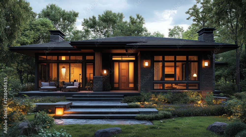 Modern House Design: Night Illumination in a Lush Forest Setting Modern House Design: Night Illumination in a Lush Forest Setting