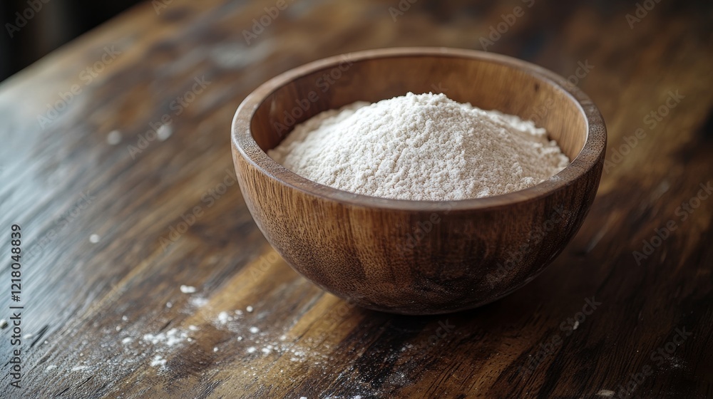 Freshly Milled Wheat Flour in Rustic Wooden Bowl on Distressed Wooden Table, Baking Ingredients Freshly Milled Wheat Flour in Rustic Wooden Bowl on Distressed Wooden Table, Baking Ingredients