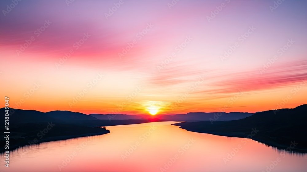Fototapeta premium Serene sunset over a tranquil river reflecting vibrant colors with mountains in the background