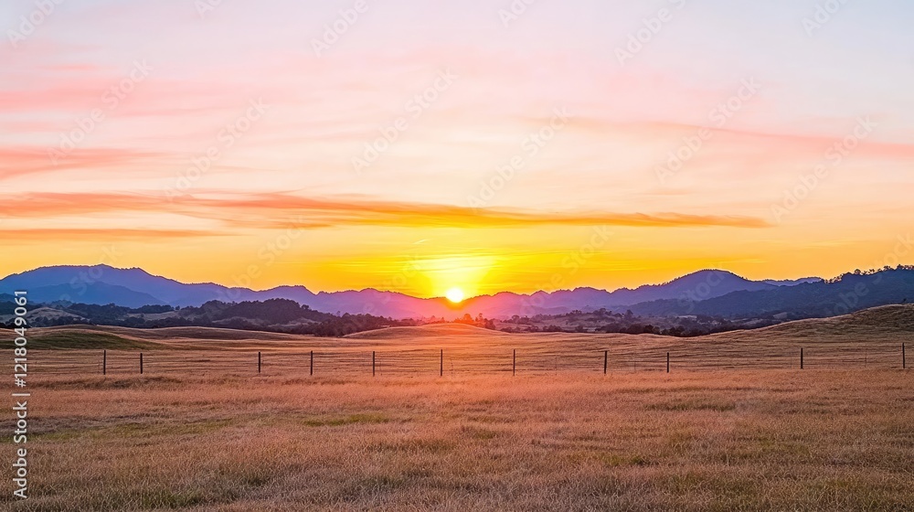 Serene sunset over rolling hills with vibrant colors and a peaceful landscape in the background Serene sunset over rolling hills with vibrant colors and a peaceful landscape in the background