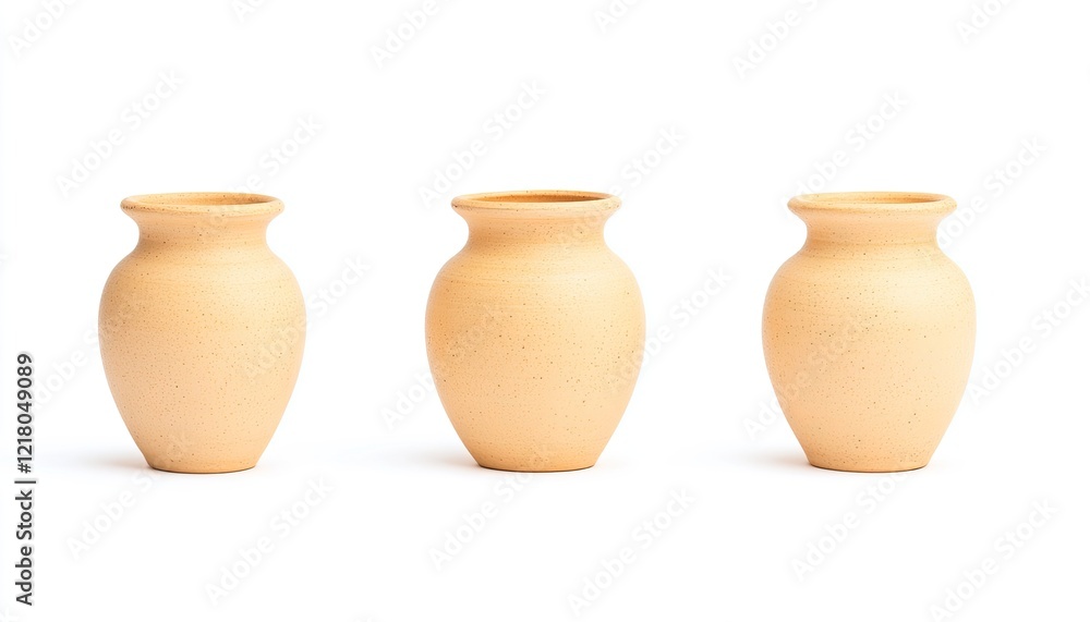 Three identical clay pots arranged in a row against a white background, showcasing simplicity and craftsmanship Three identical clay pots arranged in a row against a white background, showcasing simplicity and craftsmanship