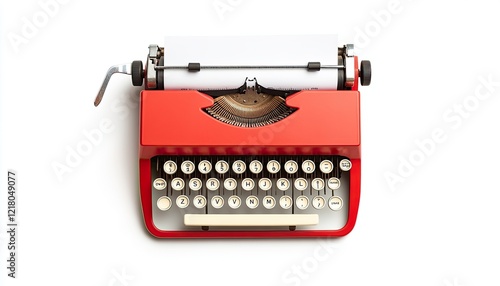 Vintage red typewriter with blank paper on a white background, symbolizing creativity and nostalgia