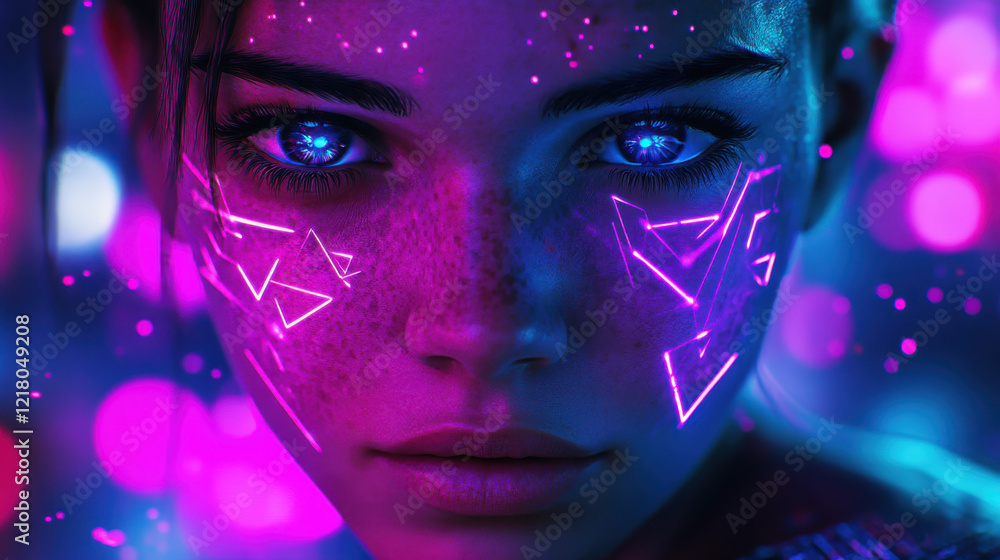 A hyper-realistic close-up of a virtual being, face adorned with glowing geometric tattoos in vivid cyan, contrasted against a dark ultraviolet background illuminated by scattered neon light particles A hyper-realistic close-up of a virtual being, face adorned with glowing geometric tattoos in vivid cyan, contrasted against a dark ultraviolet background illuminated by scattered neon light particles