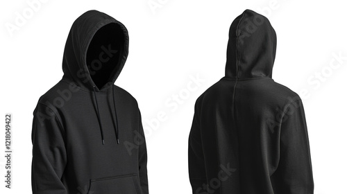 A man is wearing a black hoodie with a hood pulled up over his head