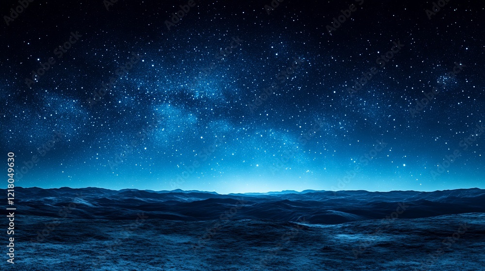 Naklejka premium Starry night landscape of a distant planet. Vast, dark blue, star-studded night sky above a flat, dark blue, planet surface.