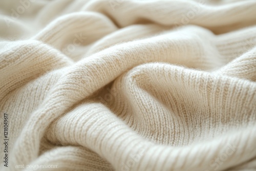 Cream-colored knitted fabric texture, soft and fluffy. Ideal for textile, fashion, and winter-themed projects, showcasing cozy comfort.