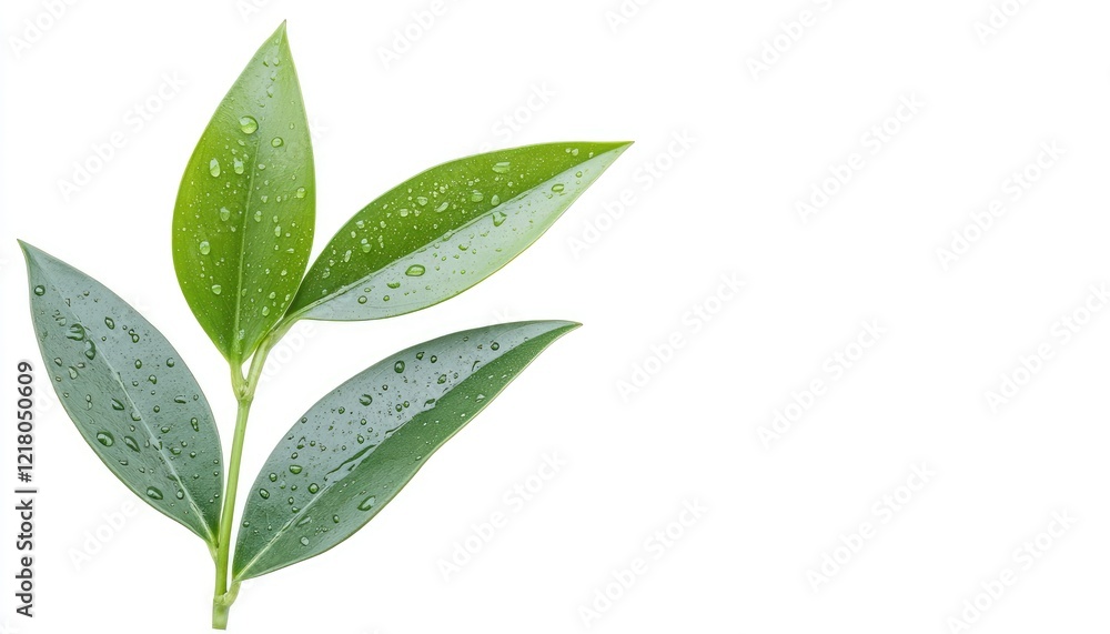 Fresh green leaves with water droplets, symbolizing nature's beauty and vitality against a clean backdrop Fresh green leaves with water droplets, symbolizing nature's beauty and vitality against a clean backdrop