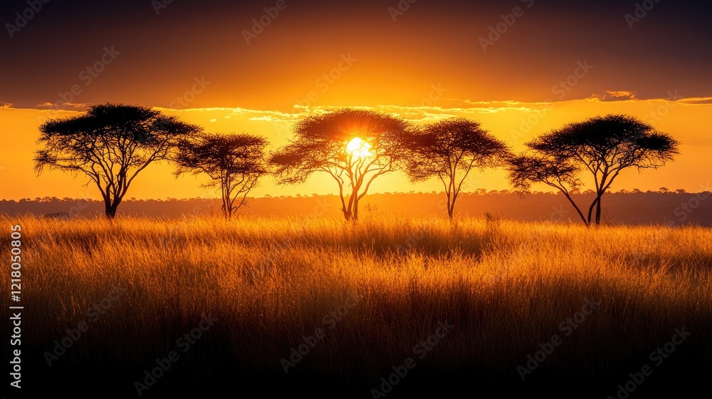 Majestic sunset over savanna with silhouetted trees and golden grass, evoking tranquility Majestic sunset over savanna with silhouetted trees and golden grass, evoking tranquility