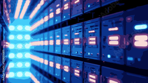 Server Room Glow Rows of illuminated server racks with a soft bokeh effect from the LED lights in the background