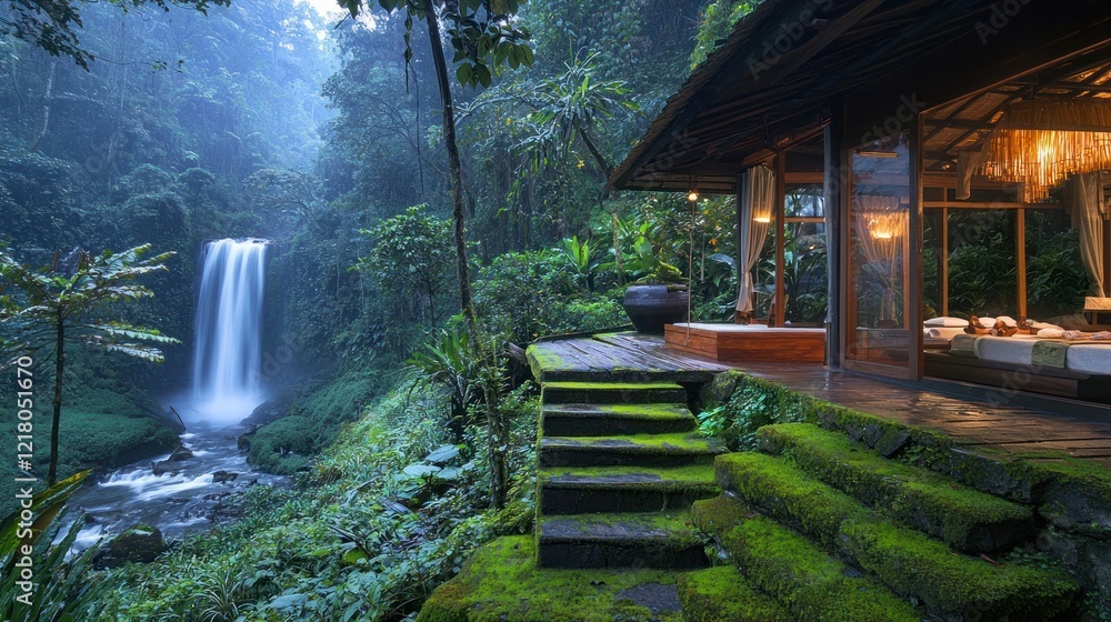 Lush jungle waterfall view from a luxurious villa. Lush jungle waterfall view from a luxurious villa.