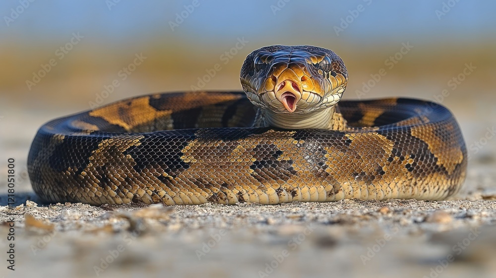 Burmese python coiled on ground, mouth open. Burmese python coiled on ground, mouth open.