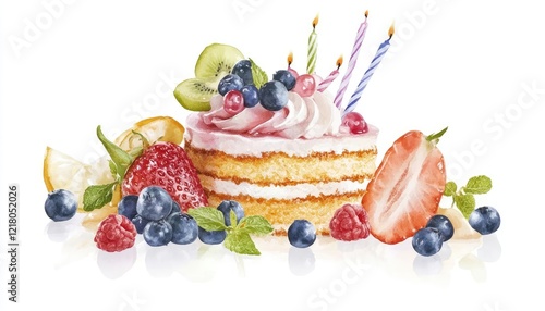 A beautifully decorated birthday cake topped with fresh fruits and candles, set against a white background
